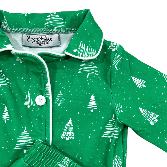 Button Down Pajamas - White Trees On Green Holiday Lounge - Sugar Bee Clothing