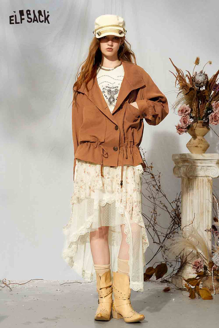 Button Front Lapel Collar Drawstring Short Jacket