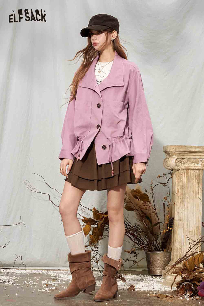 Button Front Lapel Collar Drawstring Short Jacket
