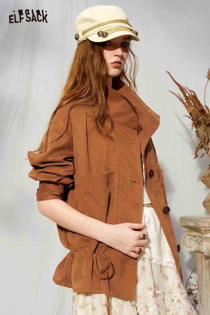 Button Front Lapel Collar Drawstring Short Jacket