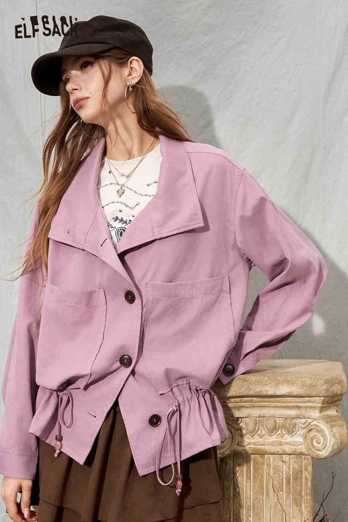 Button Front Lapel Collar Drawstring Short Jacket