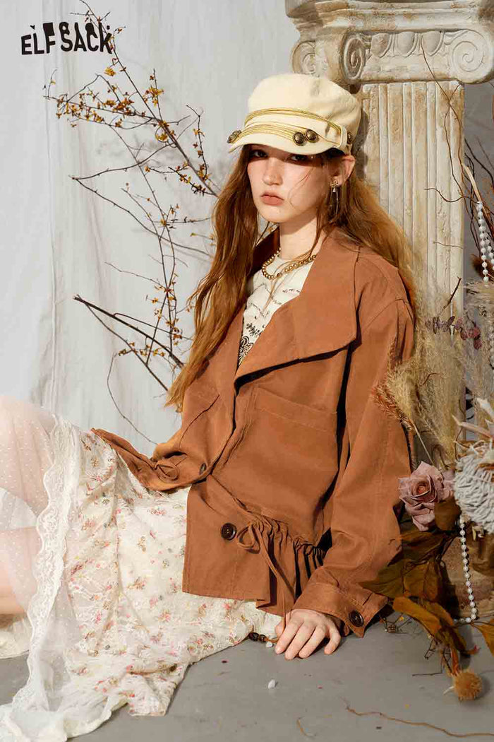 Button Front Lapel Collar Drawstring Short Jacket