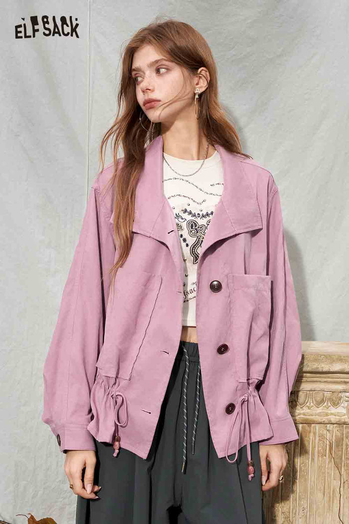 Button Front Lapel Collar Drawstring Short Jacket