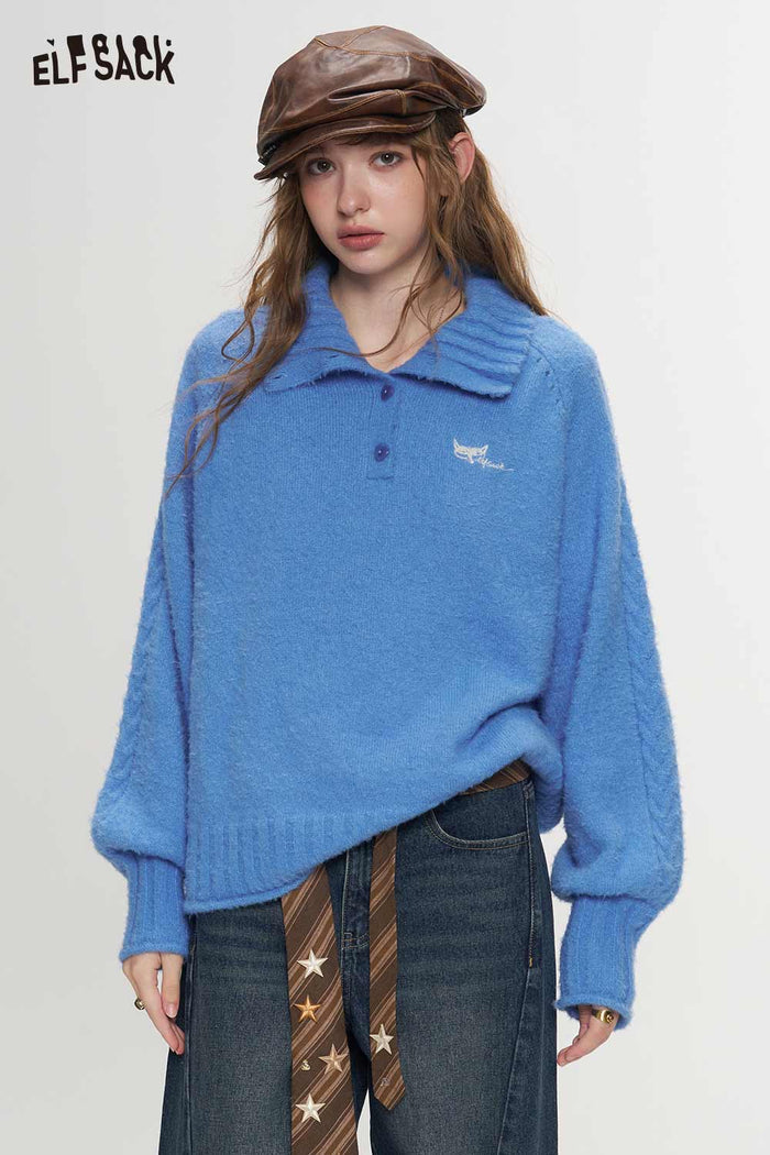 Cable Knit Embroidered Convertible Collar Sweater