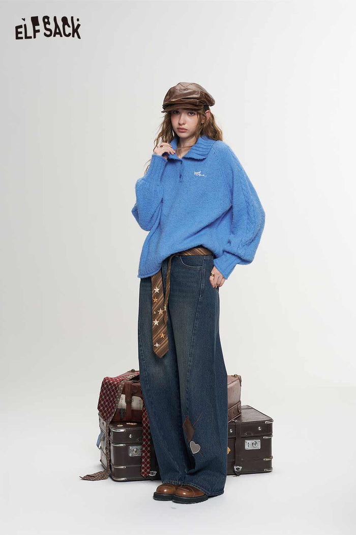 Cable Knit Embroidered Convertible Collar Sweater