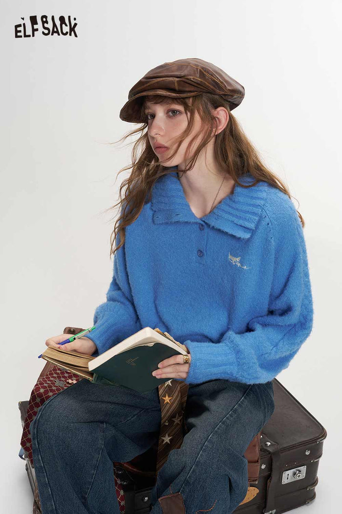 Cable Knit Embroidered Convertible Collar Sweater