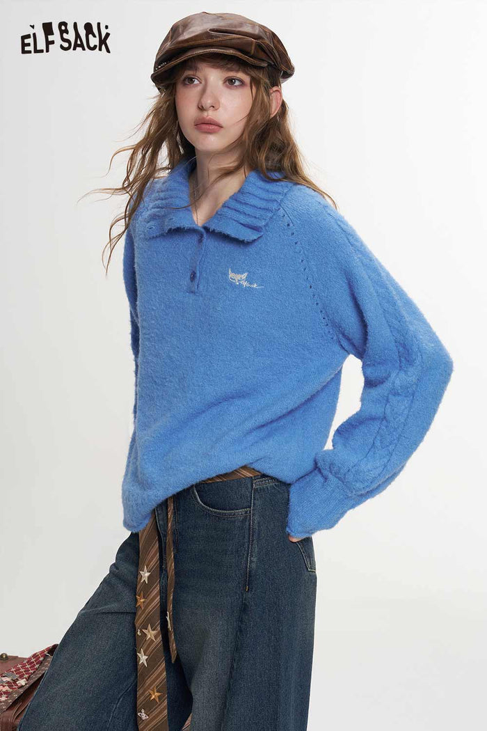 Cable Knit Embroidered Convertible Collar Sweater