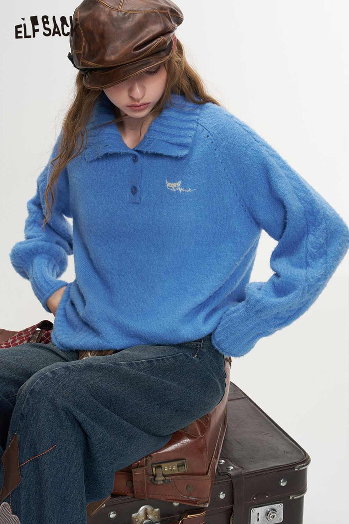 Cable Knit Embroidered Convertible Collar Sweater