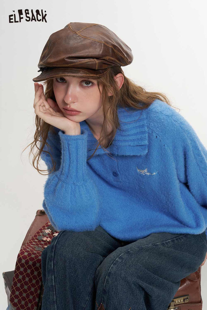 Cable Knit Embroidered Convertible Collar Sweater