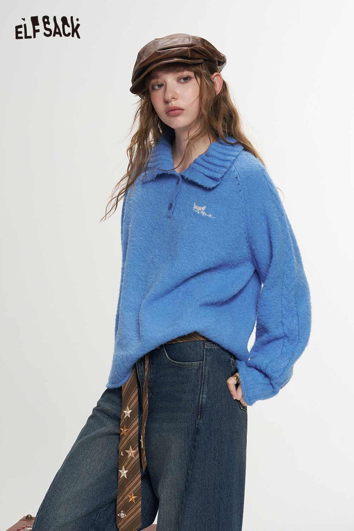 Cable Knit Embroidered Convertible Collar Sweater