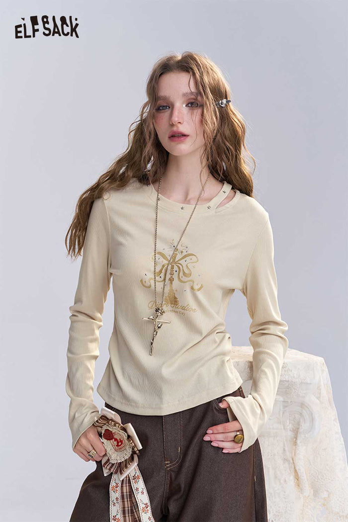 Candle Print Asymmetrical Neck Crop Tee