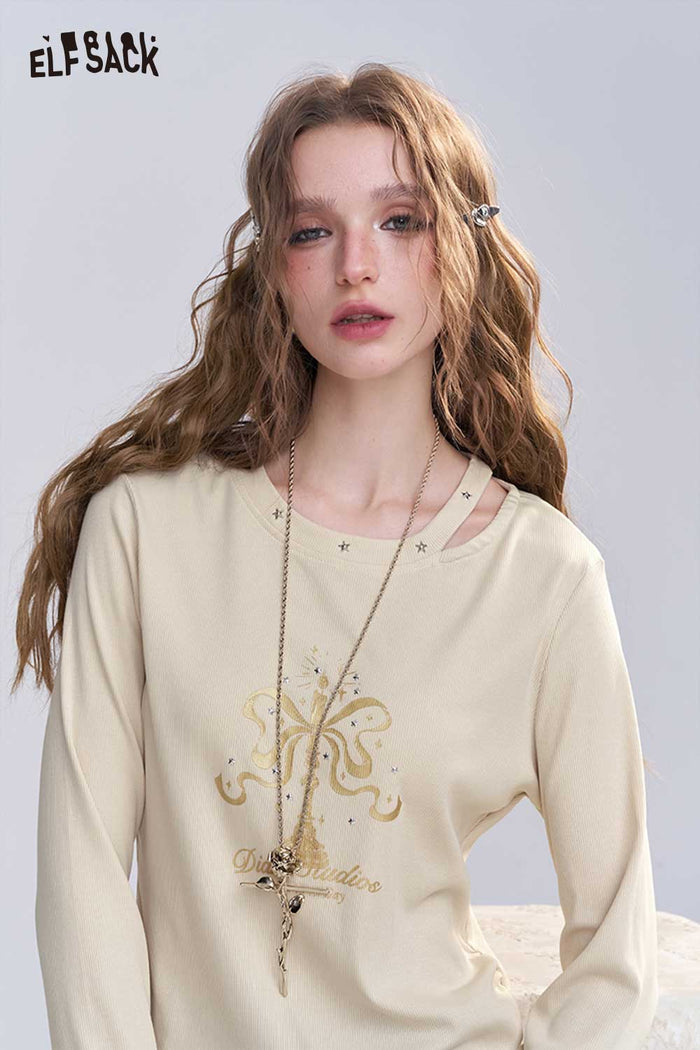 Candle Print Asymmetrical Neck Crop Tee