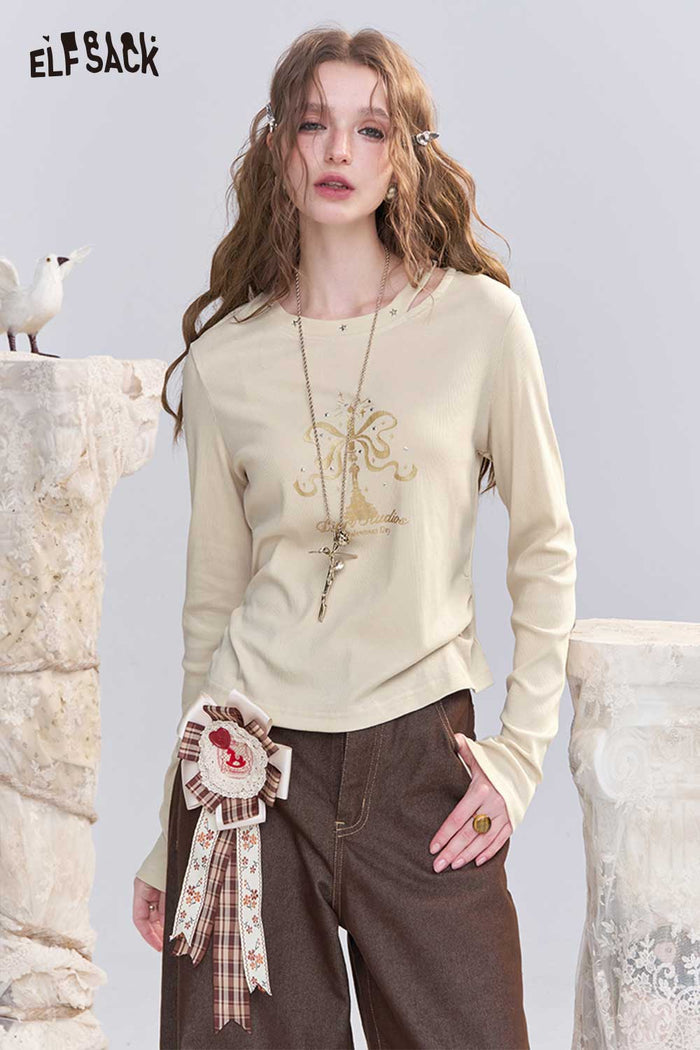 Candle Print Asymmetrical Neck Crop Tee