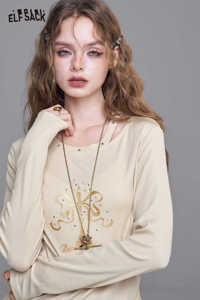 Candle Print Asymmetrical Neck Crop Tee