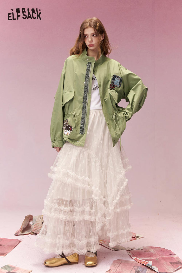 ELFSACK Cargo Army Green Trench Coat with Mixed Material Patchwork