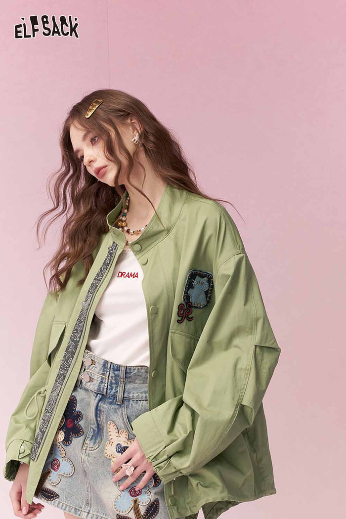 ELFSACK Cargo Army Green Trench Coat with Mixed Material Patchwork