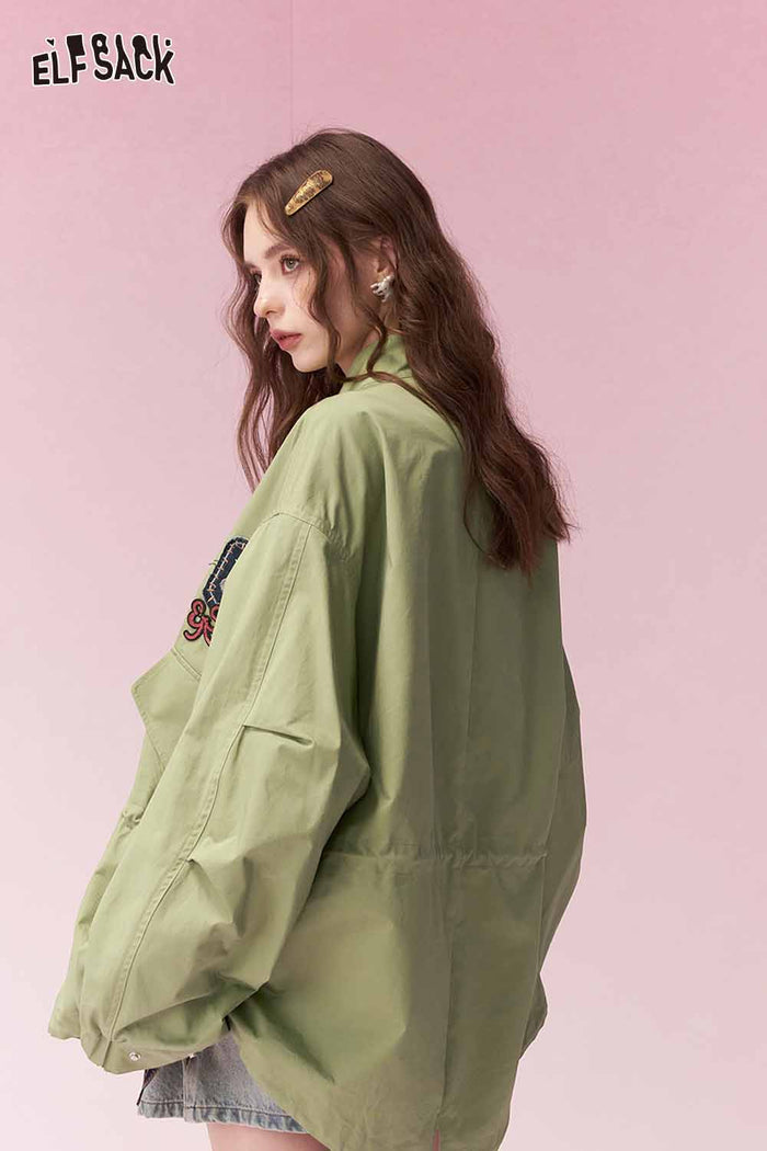 ELFSACK Cargo Army Green Trench Coat with Mixed Material Patchwork
