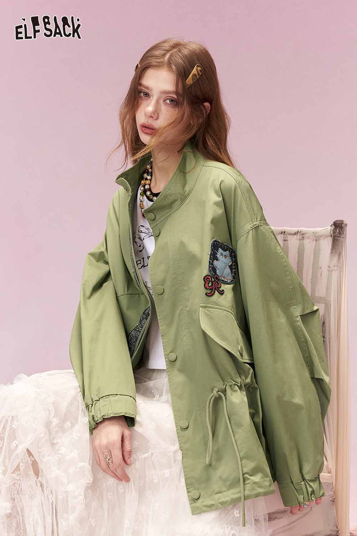 ELFSACK Cargo Army Green Trench Coat with Mixed Material Patchwork