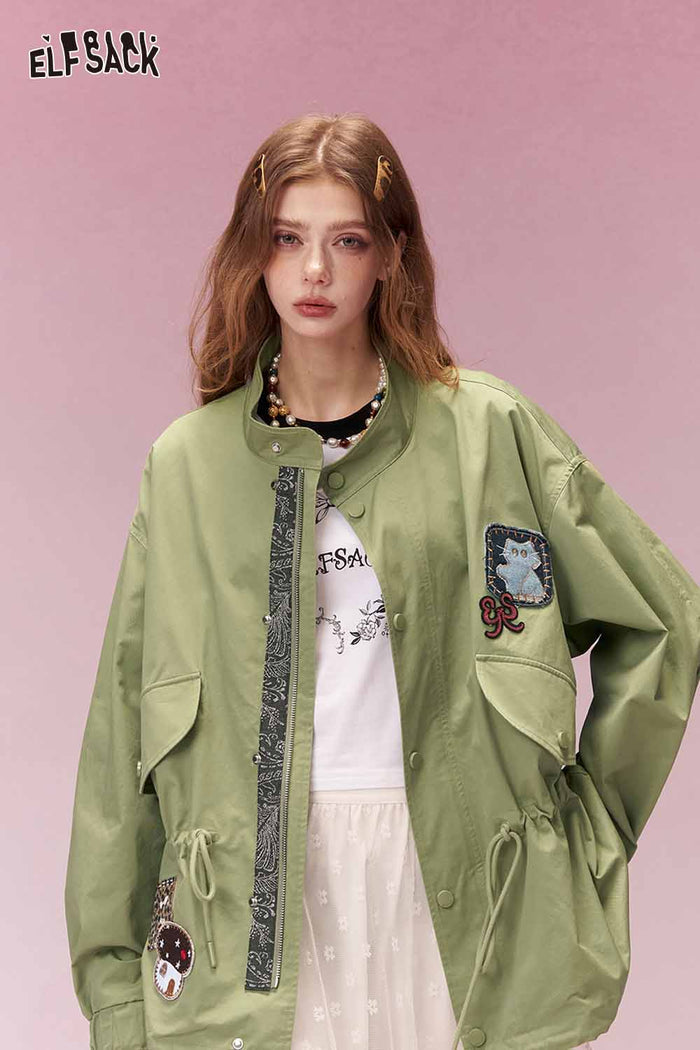 ELFSACK Cargo Army Green Trench Coat with Mixed Material Patchwork