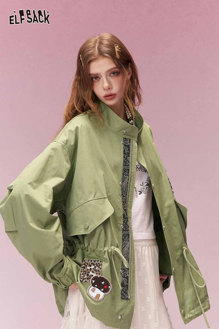 ELFSACK Cargo Army Green Trench Coat with Mixed Material Patchwork