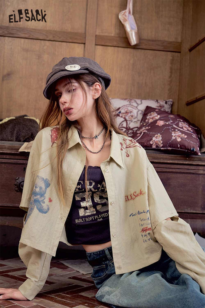 Cartoon Bear Graphic Cropped Blouse