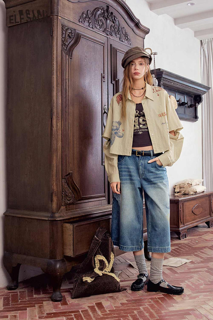Cartoon Bear Graphic Cropped Blouse