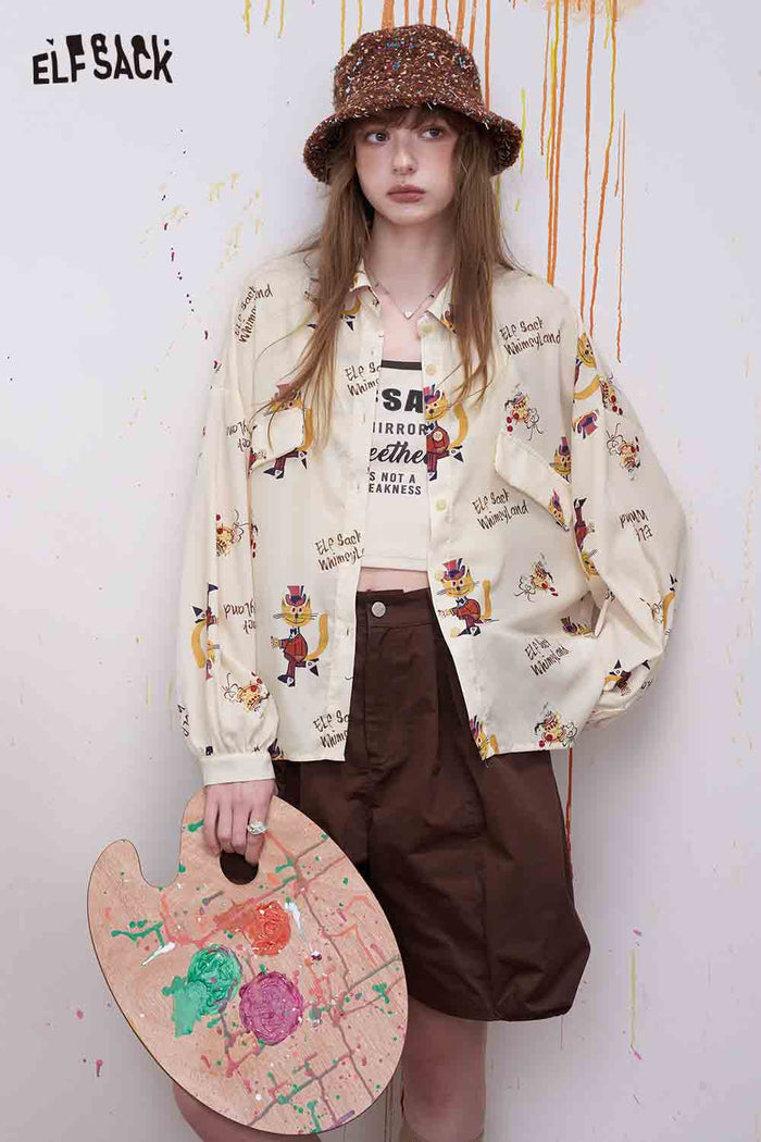 ELFSACK Cartoon Cat Print Pocketed Blouse