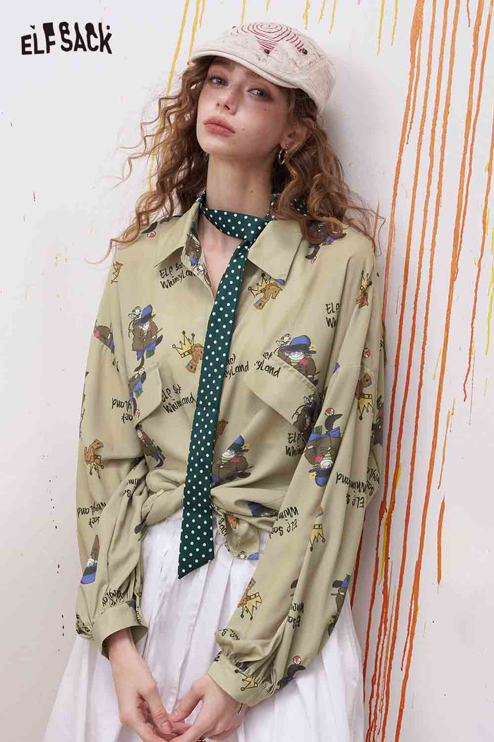 ELFSACK Cartoon Cat Print Pocketed Blouse