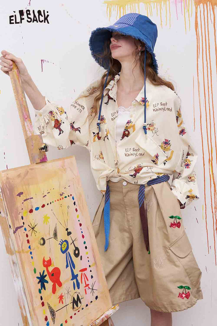 ELFSACK Cartoon Cat Print Pocketed Blouse