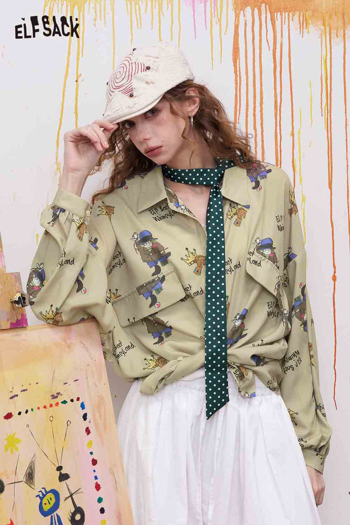 ELFSACK Cartoon Cat Print Pocketed Blouse