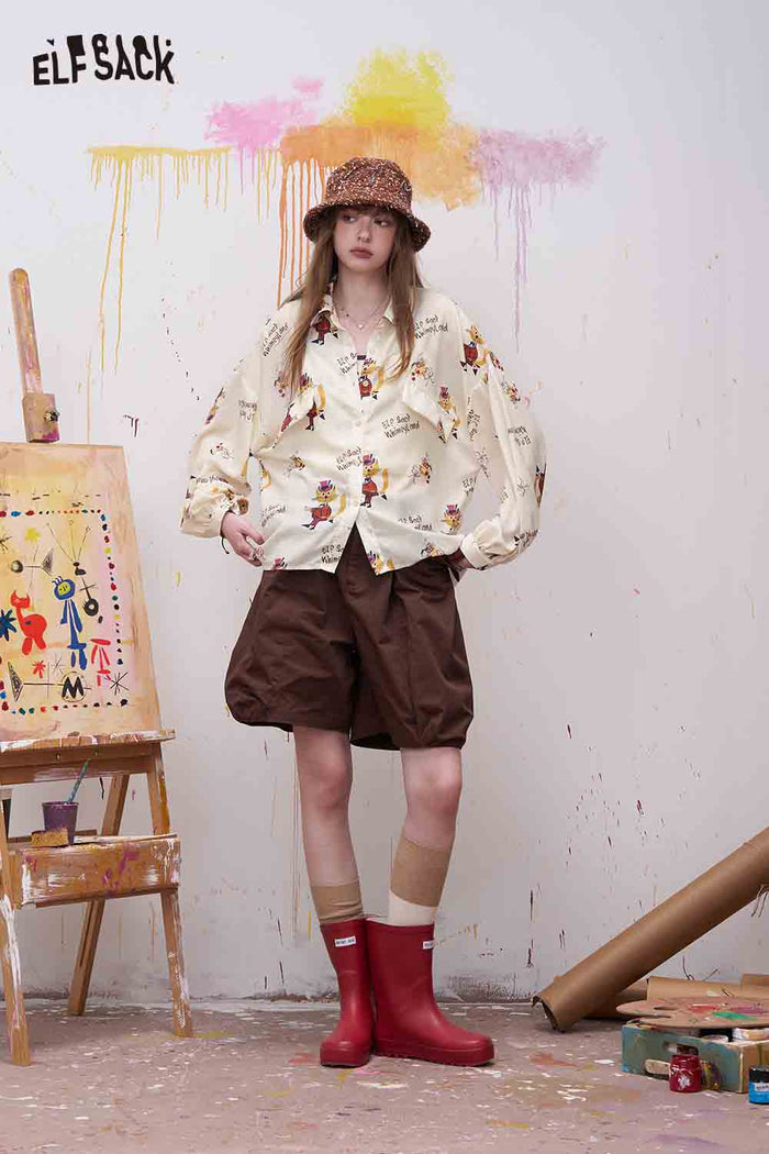 ELFSACK Cartoon Cat Print Pocketed Blouse