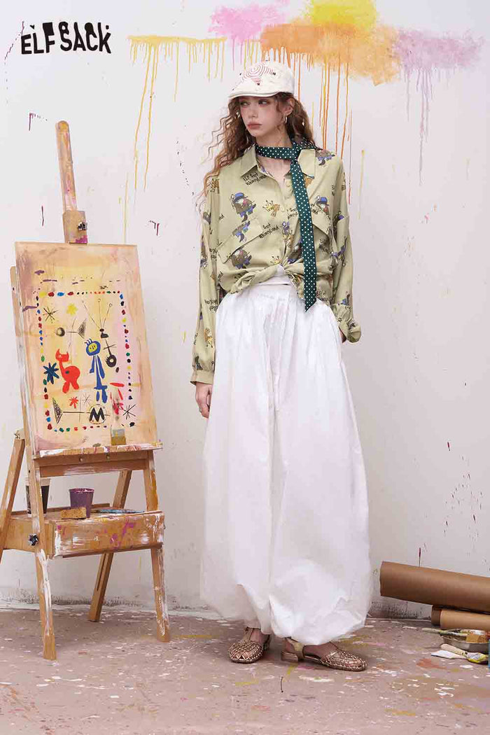 ELFSACK Cartoon Cat Print Pocketed Blouse
