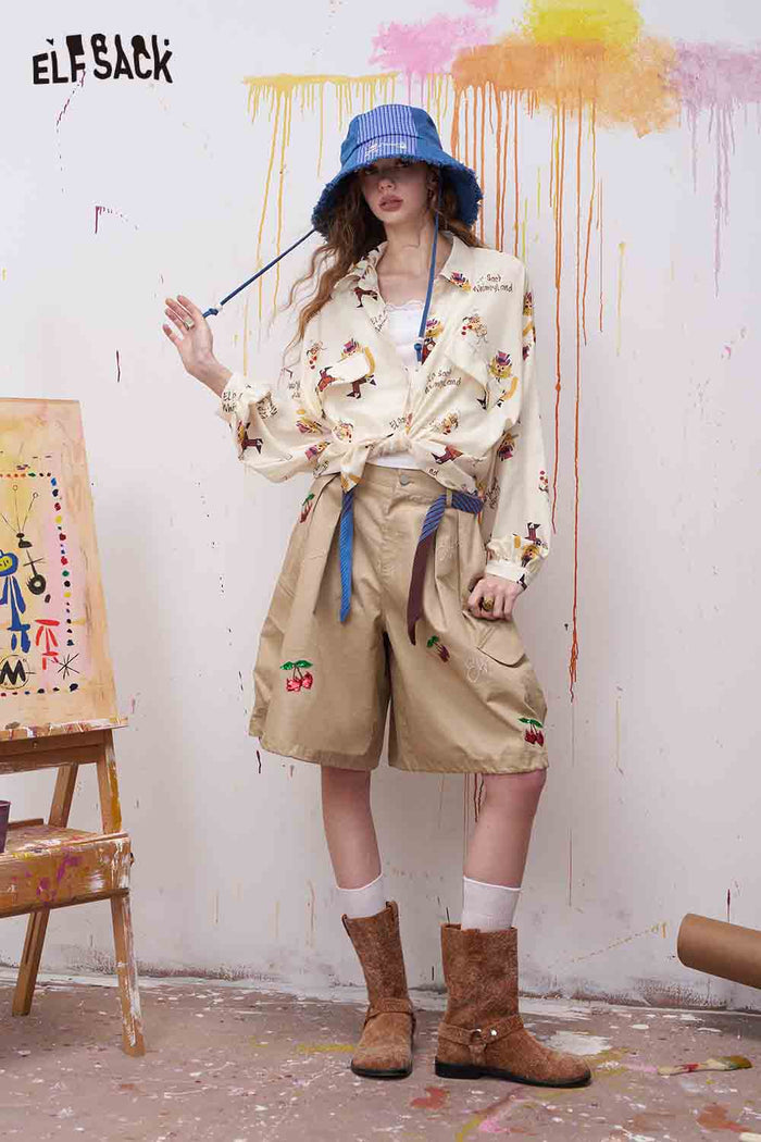 ELFSACK Cartoon Cat Print Pocketed Blouse