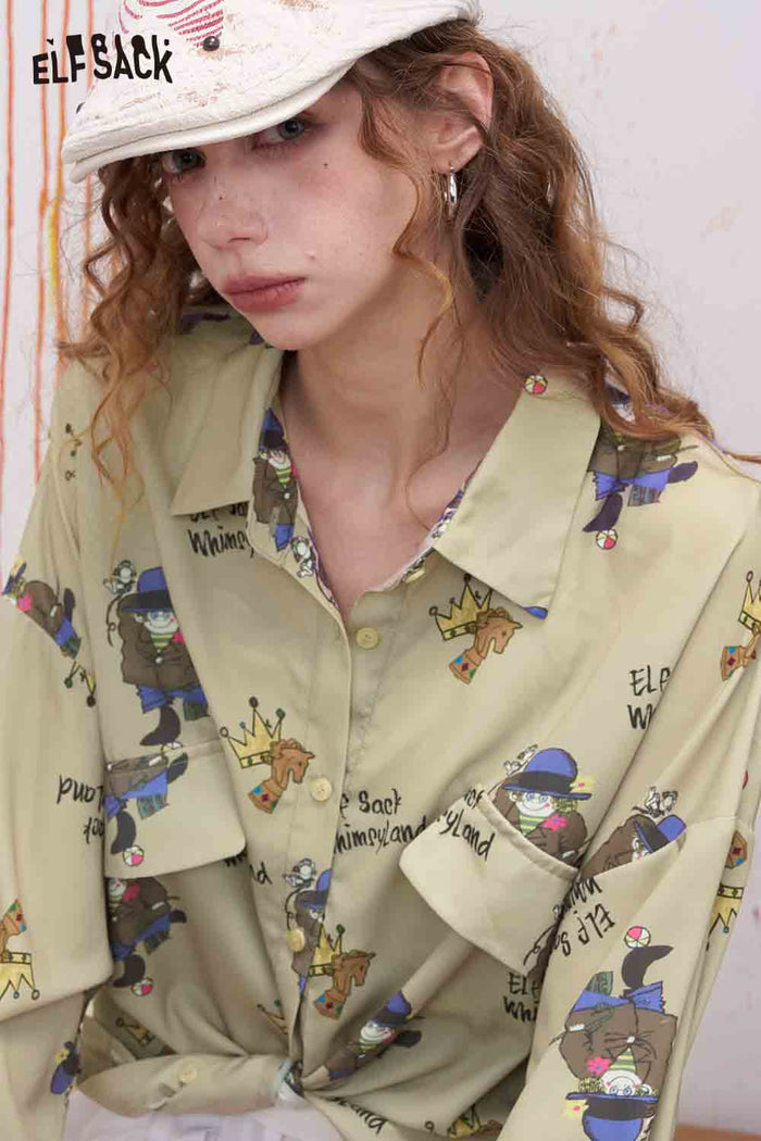 ELFSACK Cartoon Cat Print Pocketed Blouse