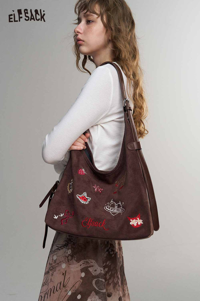 Cartoon Embroidery Hobo Shoulder Bag