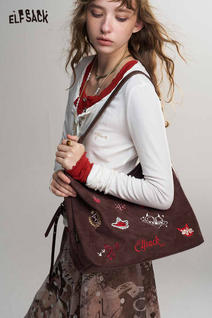 Cartoon Embroidery Hobo Shoulder Bag