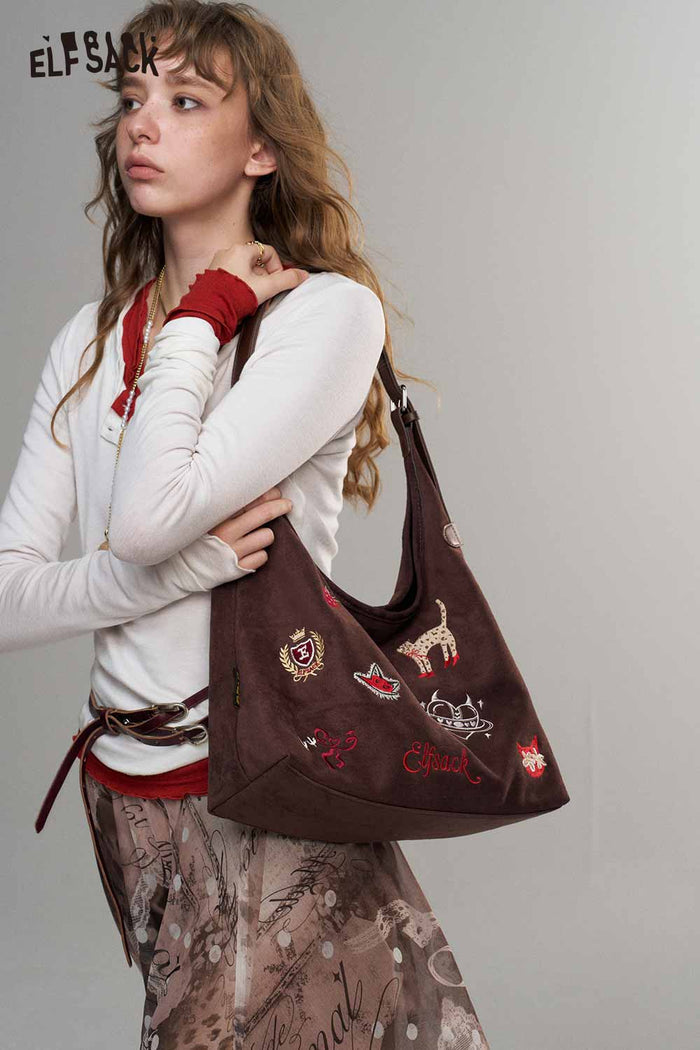 Cartoon Embroidery Hobo Shoulder Bag