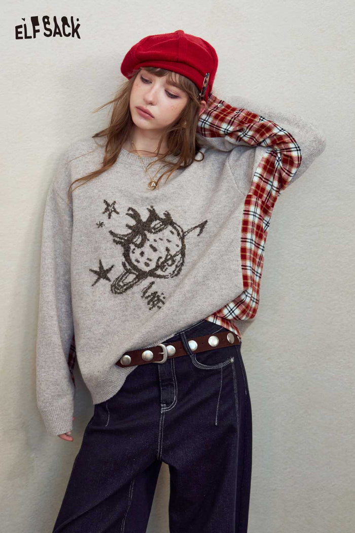 Cartoon Graphic Plaid Patchwork Knit Sweater