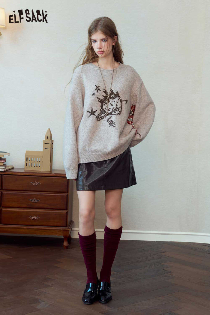 Cartoon Graphic Plaid Patchwork Knit Sweater