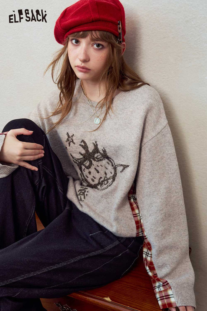 Cartoon Graphic Plaid Patchwork Knit Sweater