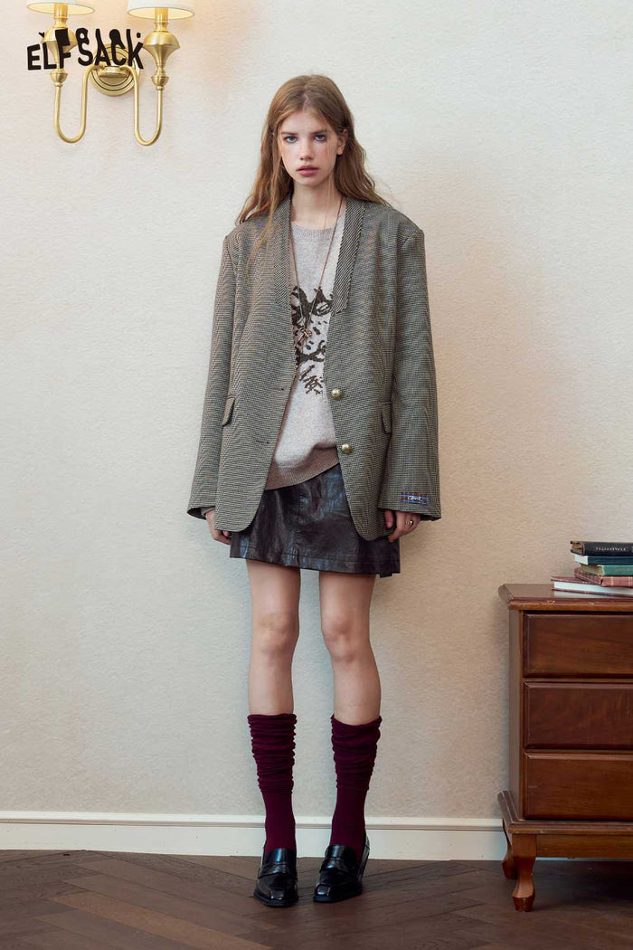 Cartoon Graphic Plaid Patchwork Knit Sweater