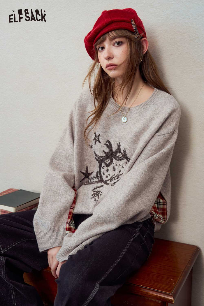 Cartoon Graphic Plaid Patchwork Knit Sweater