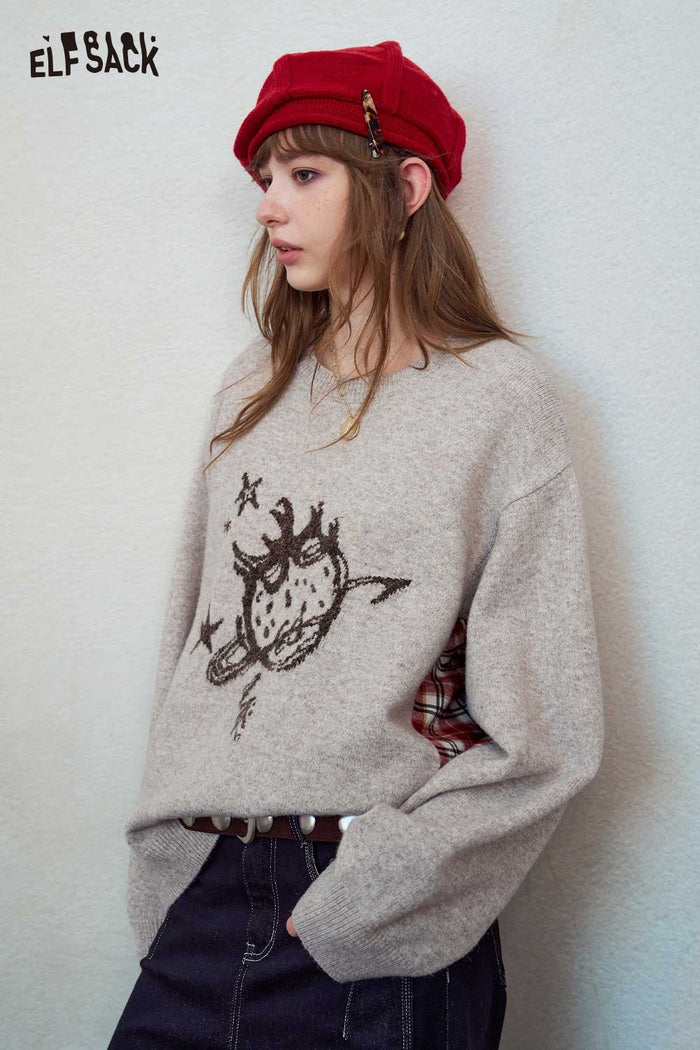 Cartoon Graphic Plaid Patchwork Knit Sweater