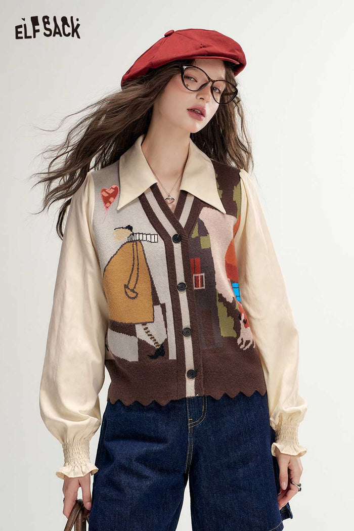 Cartoon Graphic Puff Sleeve Cardigan