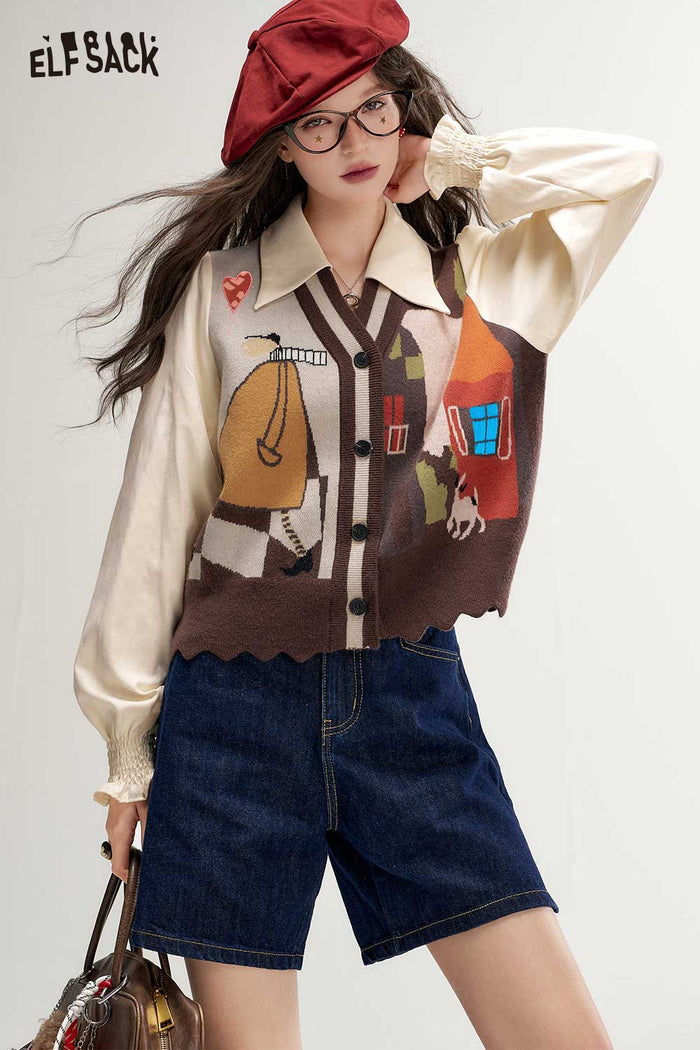 Cartoon Graphic Puff Sleeve Cardigan