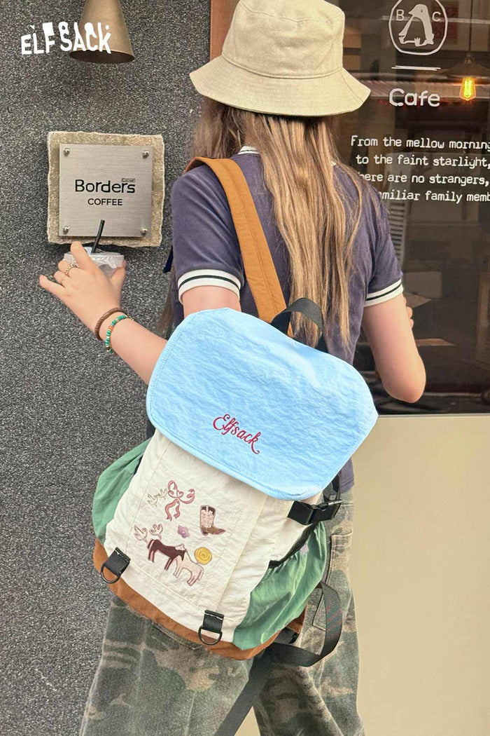 ELFSACK Cartoon Print Color?Block Drawstring Backpack