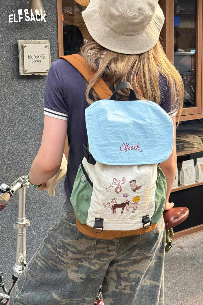ELFSACK Cartoon Print Color?Block Drawstring Backpack