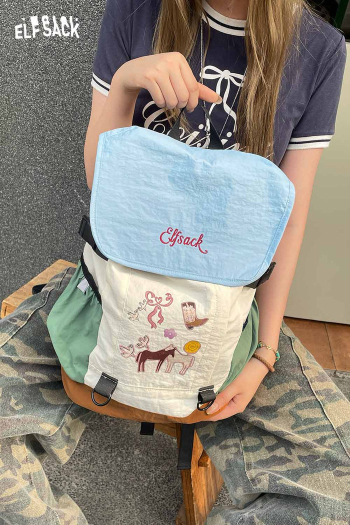 ELFSACK Cartoon Print Color?Block Drawstring Backpack
