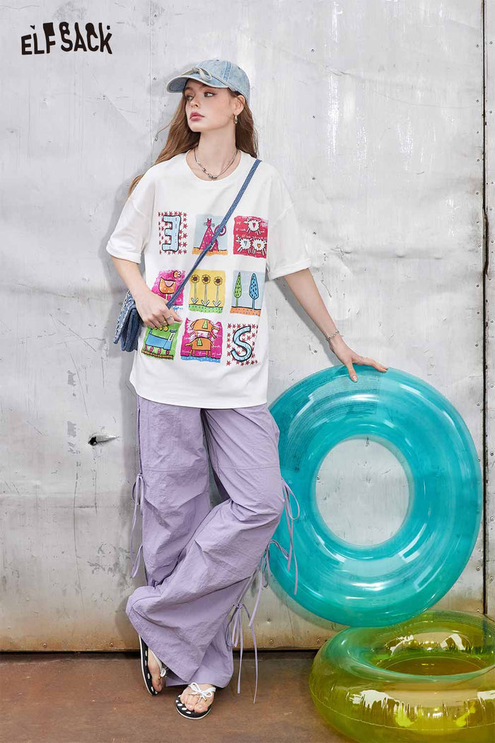 ELFSACK Cartoon Print Oversized T Shirt