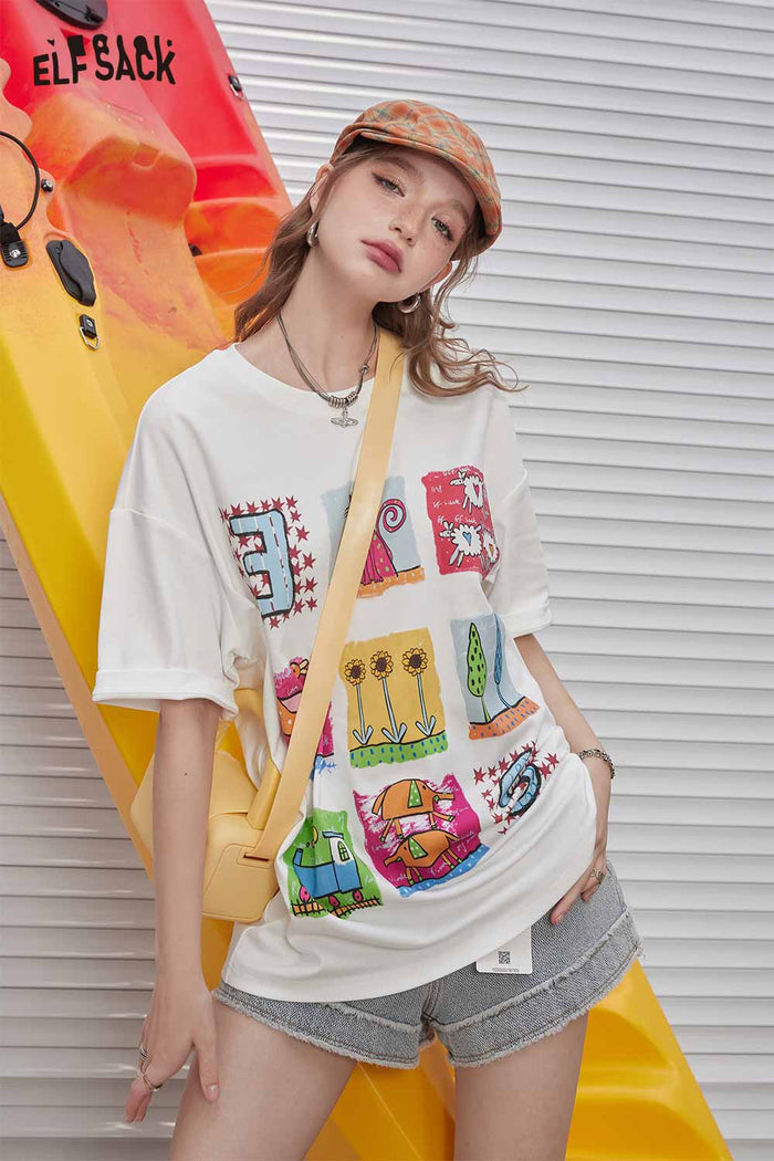ELFSACK Cartoon Print Oversized T Shirt